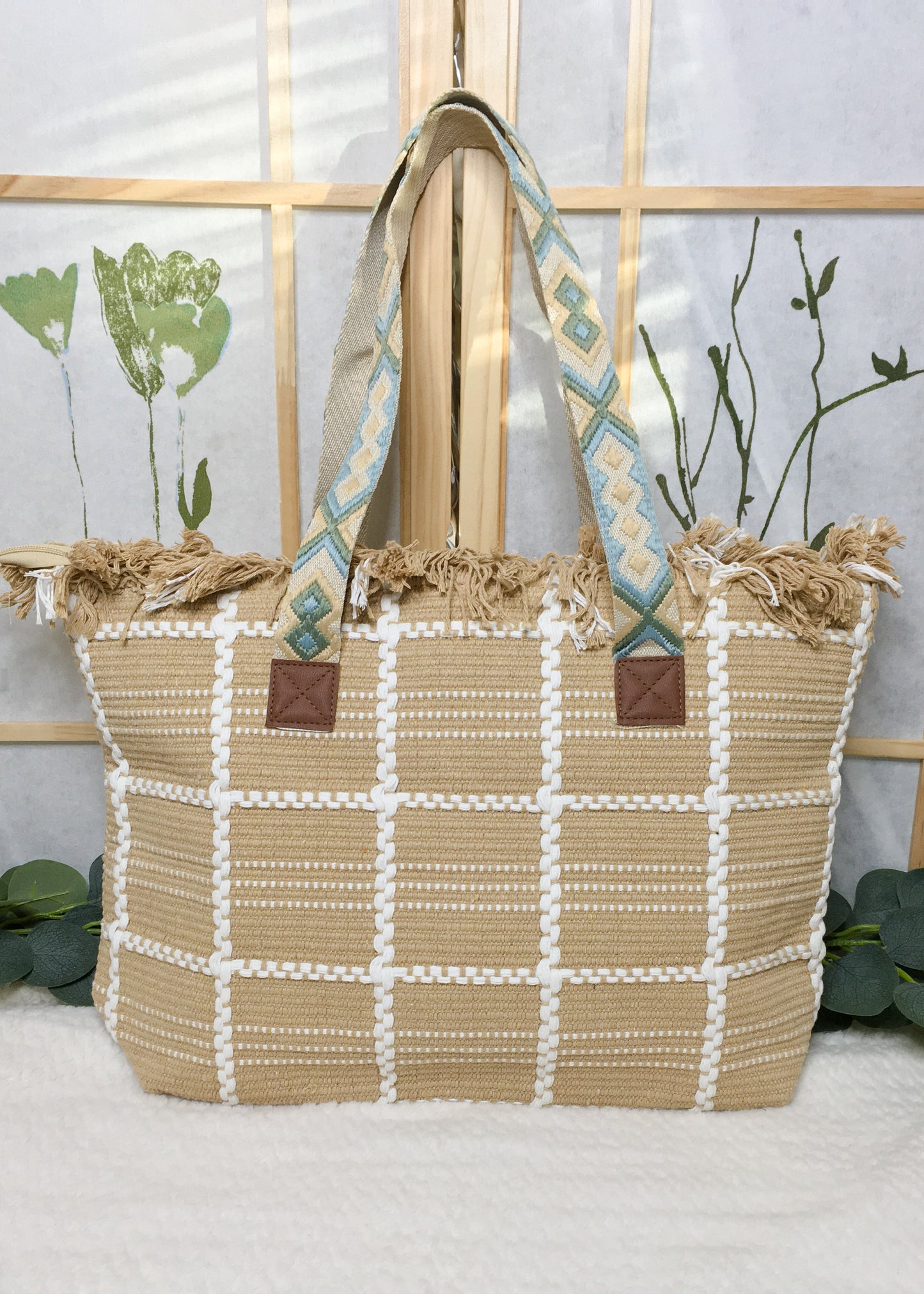 Cotton Bag with Embroidered Straps- Tan