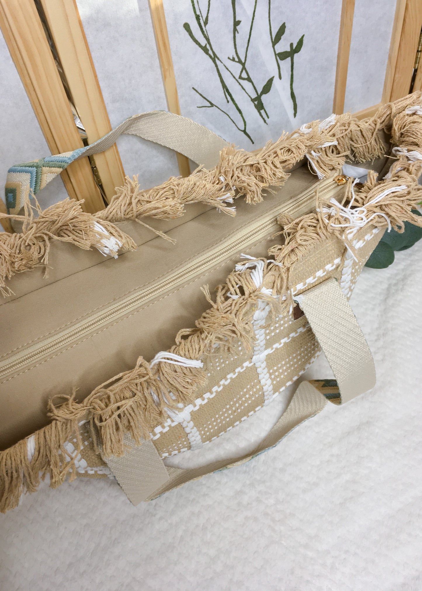 Cotton Bag with Embroidered Straps- Tan