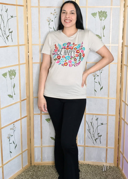 Be Happy Graphic Tee- Heather Dust