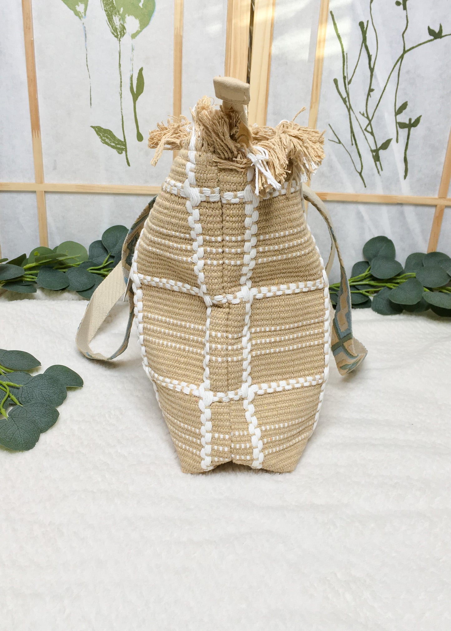 Cotton Bag with Embroidered Straps- Tan
