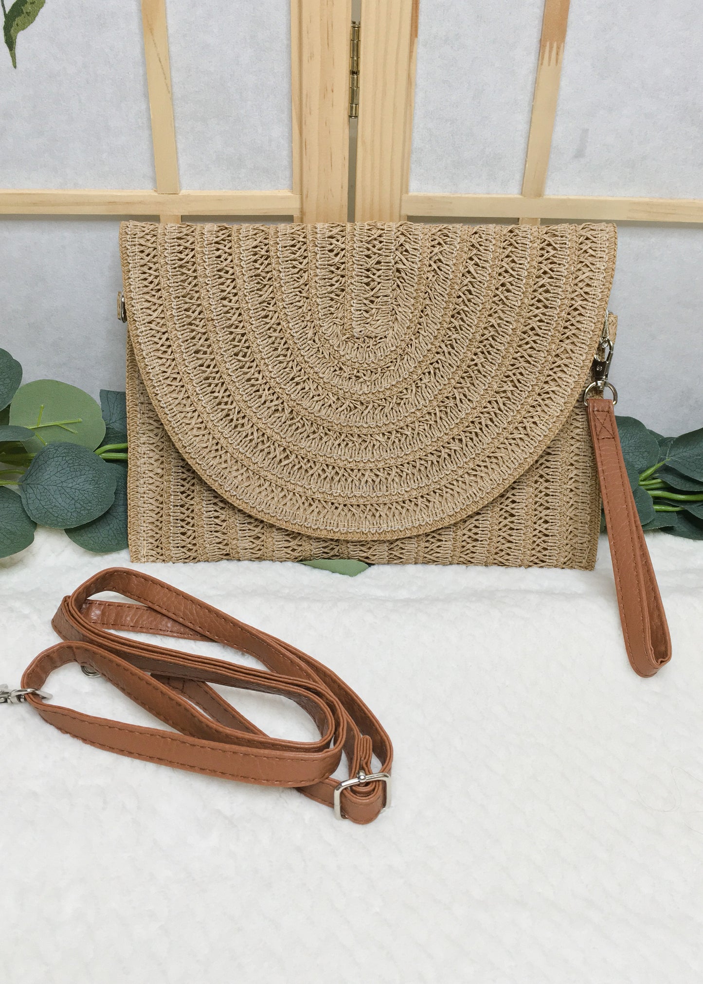 Woven Crossbody + Clutch Bag- Brown
