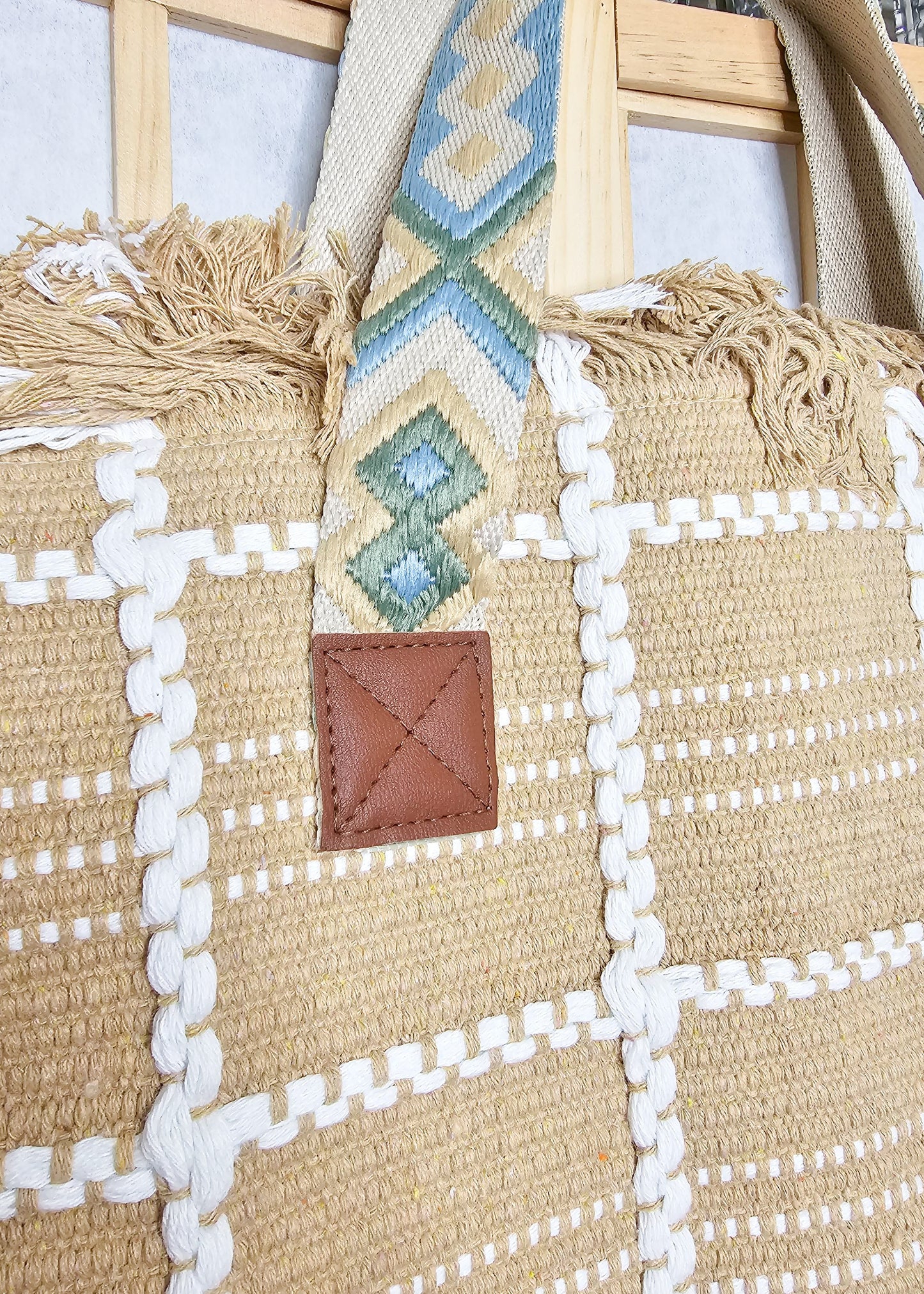 Cotton Bag with Embroidered Straps- Tan