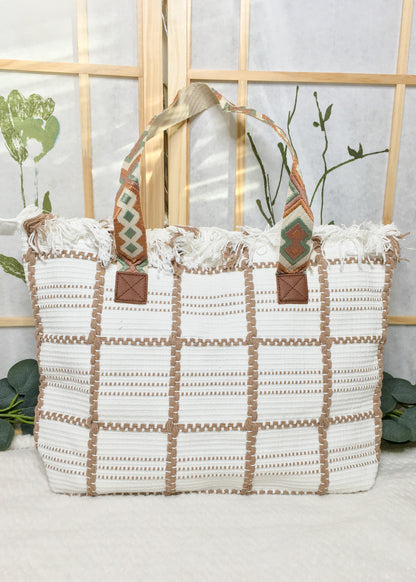 Cotton Bag with Embroidered Straps- White
